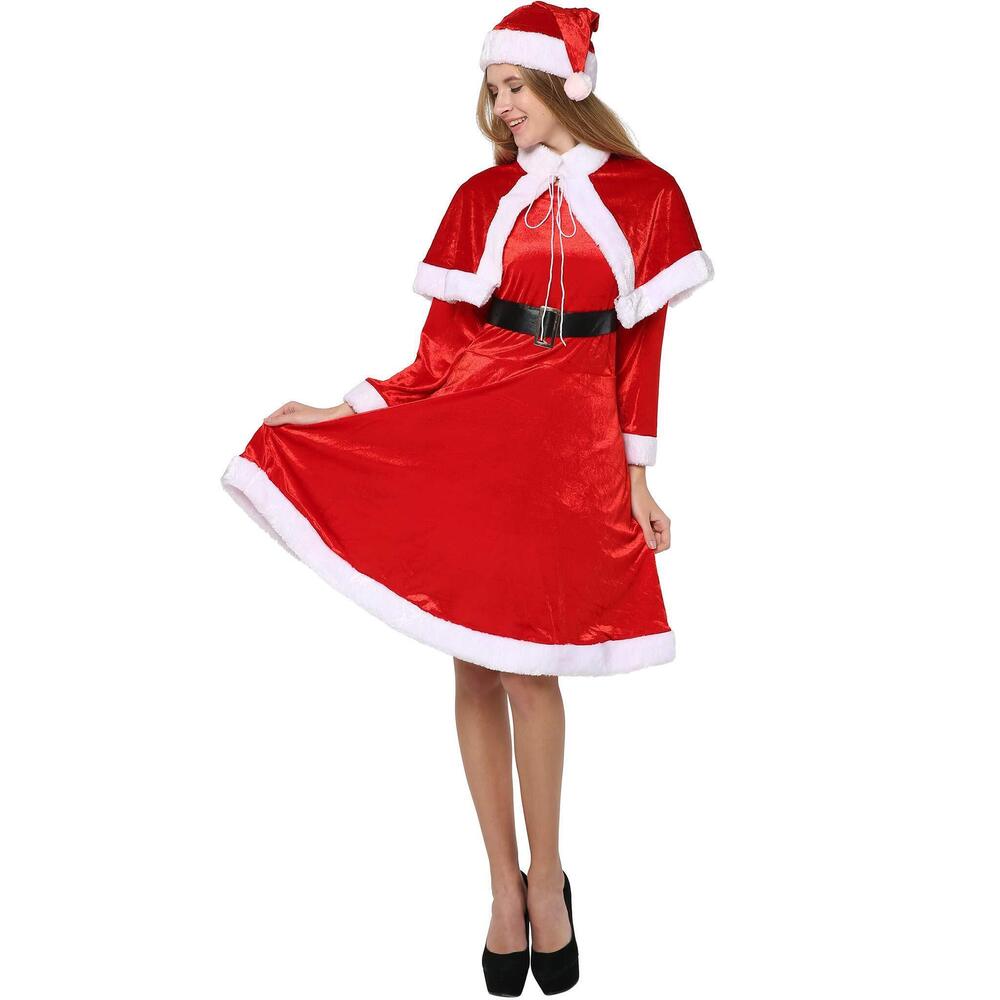 3802 Santa Claus Dresss Christmas Costume, X-mas Red Dress with Shawl